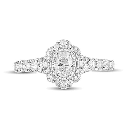 1.0 CT. TW Oval Diamond Scallop Frame Vintage-Style Engagement Ring in 14K White Gold
