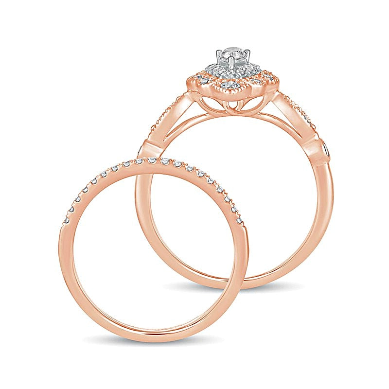 0.63 CT. TW Pear-Shaped Diamond Double Petal Frame Vintage-Style Bridal Set in 10K Rose Gold