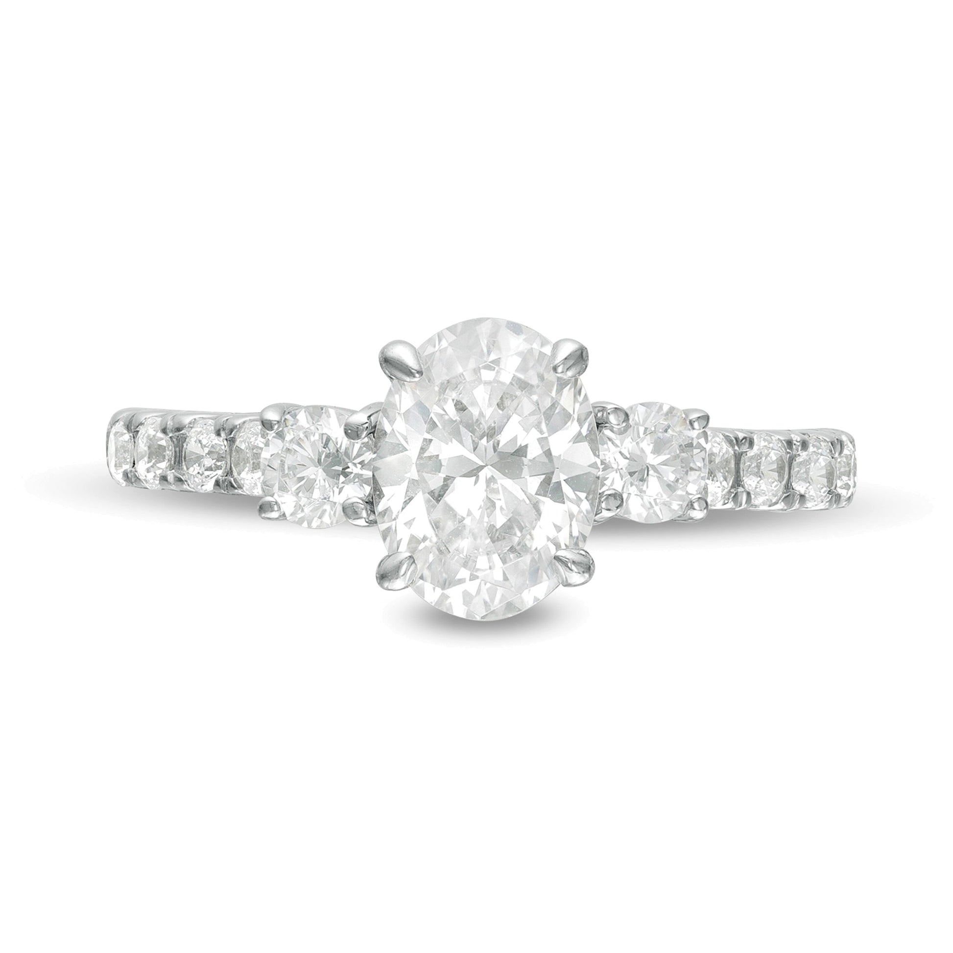 1.75 CT. TW Oval and Round Diamond Three Stone Engagement Ring in 14K White Gold