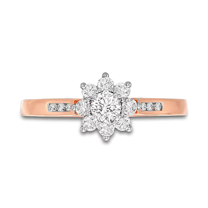 0.5 CT. TW Diamond Sunburst Channel-Set Shank Engagement Ring in 10K Rose Gold (J/I3)