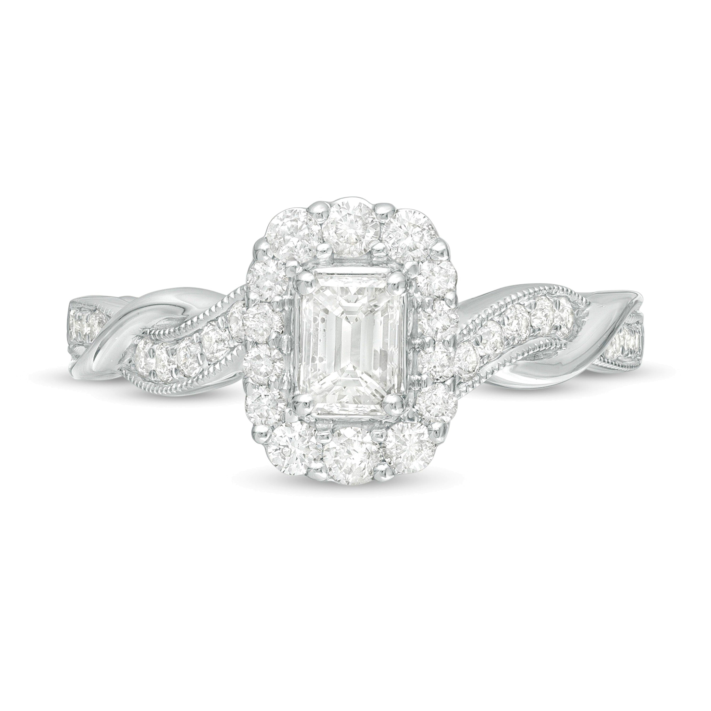 0.75 CT. TW Emerald-Cut Diamond Frame Twist Shank Vintage-Style Engagement Ring in 10K White Gold