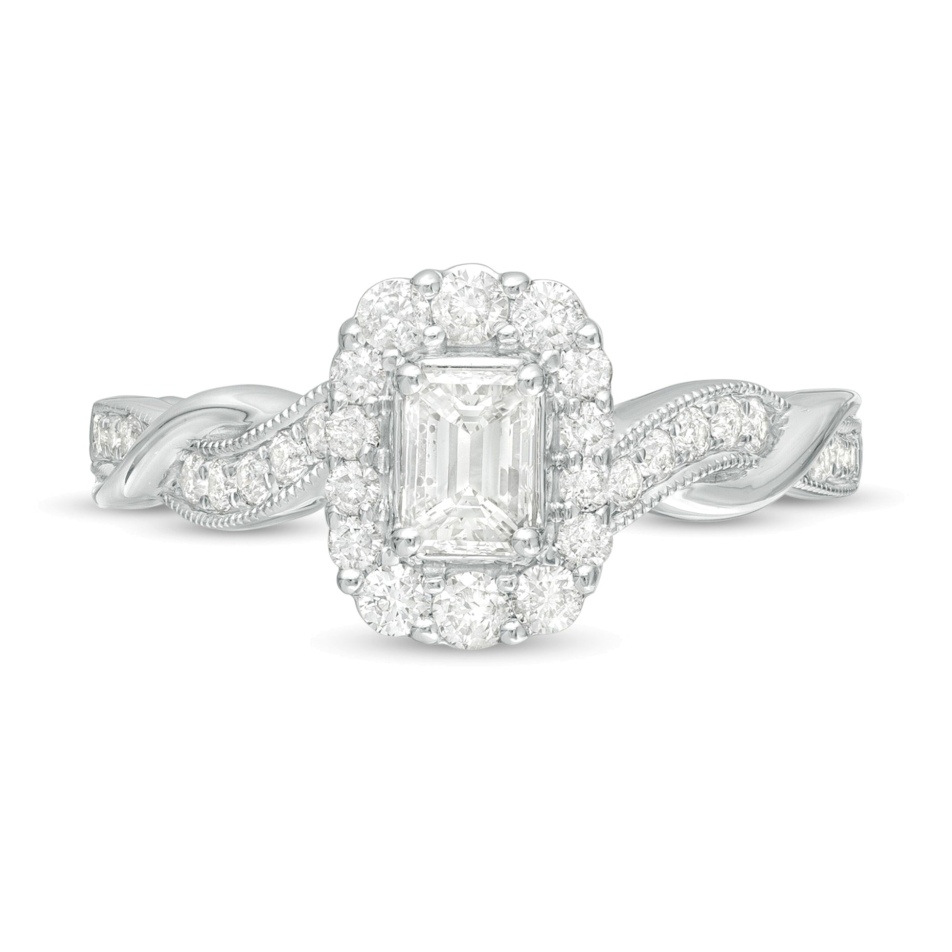 0.75 CT. TW Emerald-Cut Diamond Frame Twist Shank Vintage-Style Engagement Ring in 10K White Gold