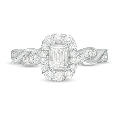 0.75 CT. TW Emerald-Cut Diamond Frame Twist Shank Vintage-Style Engagement Ring in 10K White Gold