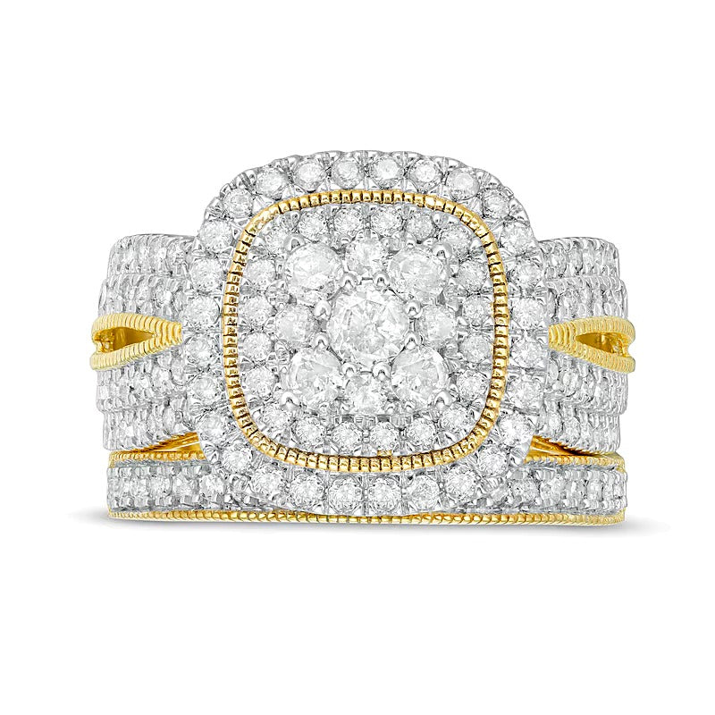 1.33 CT. TW Multi-Diamond Cushion Frame Vintage-Style Bridal Set in 10K Gold
