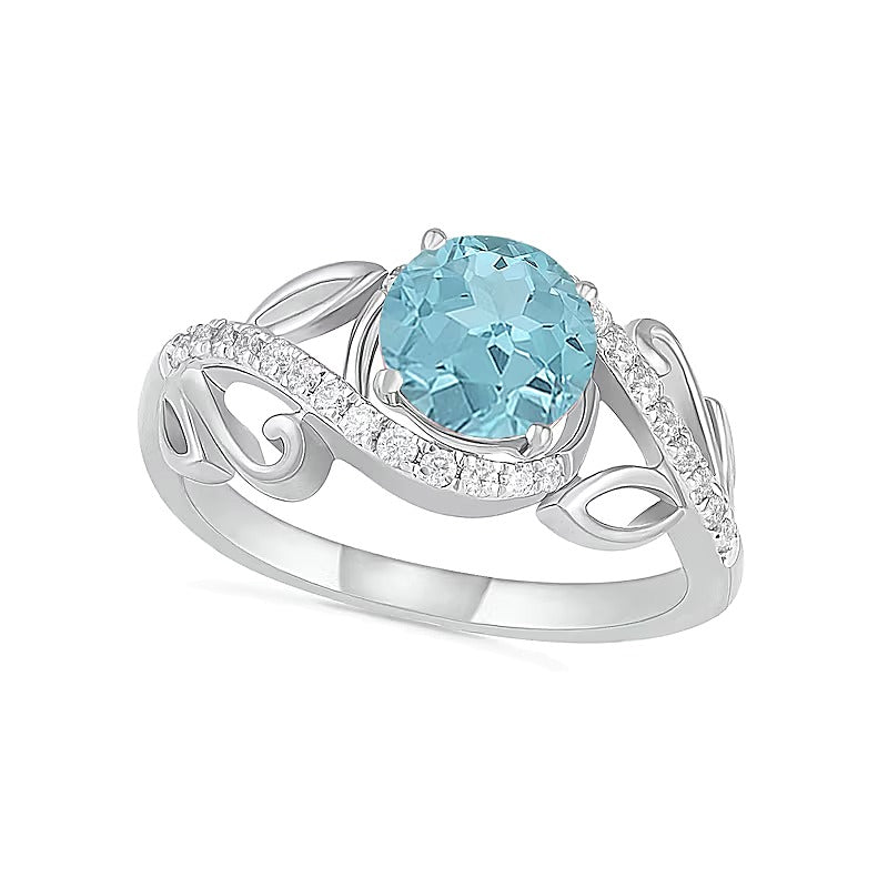 7.0mm Aquamarine and 0.38 CT. TW Diamond Bypass Leaf Shank Bridal Set in 10K White Gold