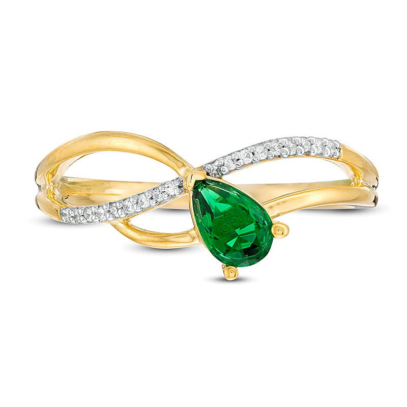 Pear-Shaped Lab-Created Emerald and 0.05 CT. TW Diamond Wave Ribbon Split Shank Promise Ring in 10K Gold