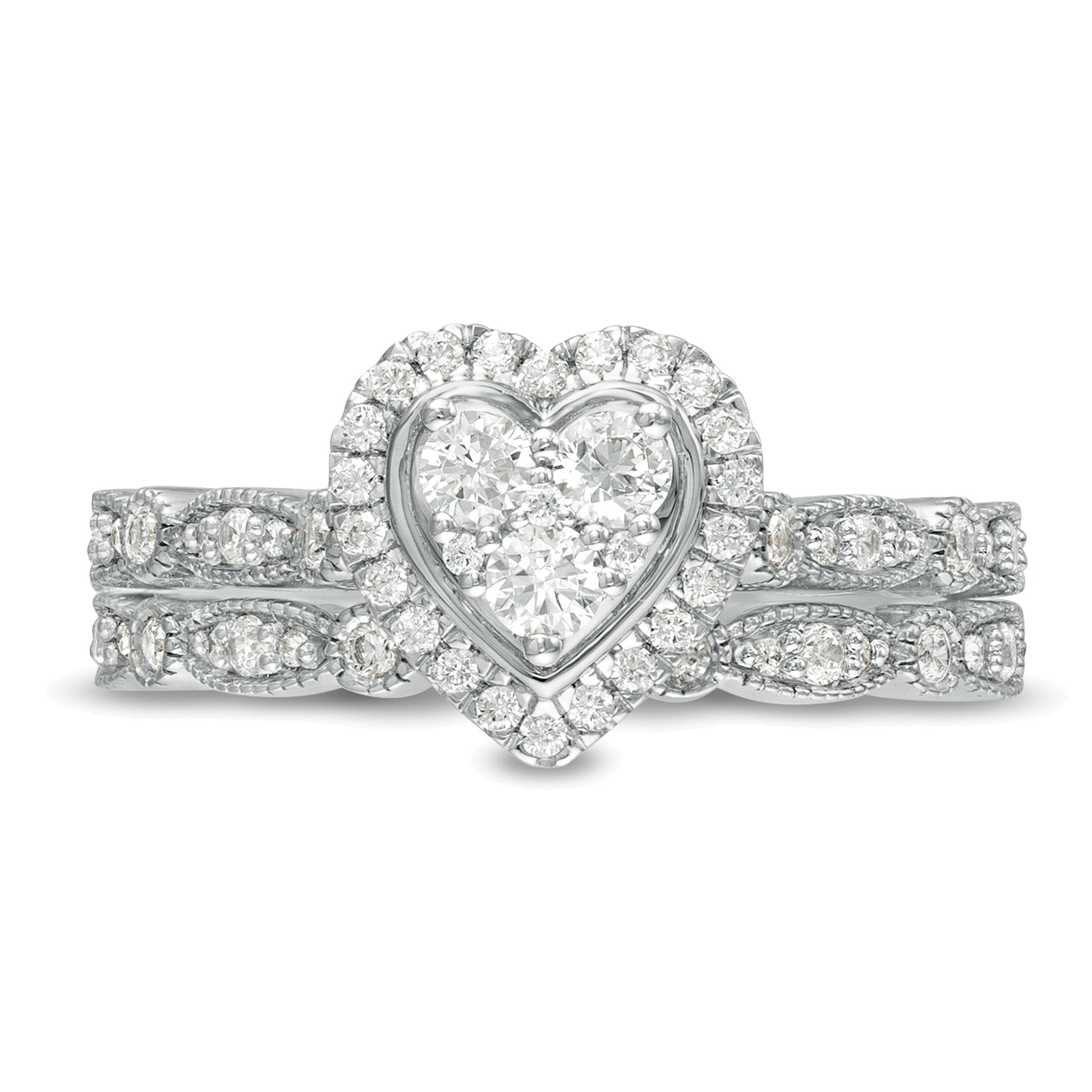0.5 CT. TW Multi-Diamond Heart Frame Alternating Marquise Vintage-Style Bridal Set in 10K White Gold
