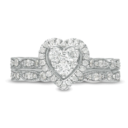 0.5 CT. TW Multi-Diamond Heart Frame Alternating Marquise Vintage-Style Bridal Set in 10K White Gold