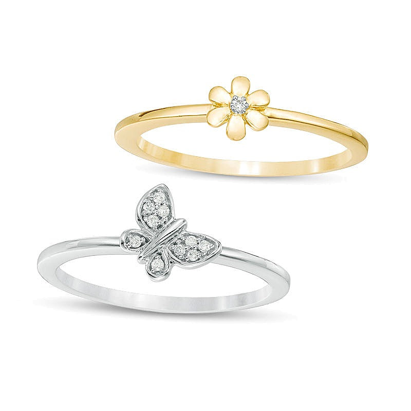 0.05 CT. TW Diamond Flower and Butterfly Two Piece Stackable Ring Set in 10K Two-Tone Gold