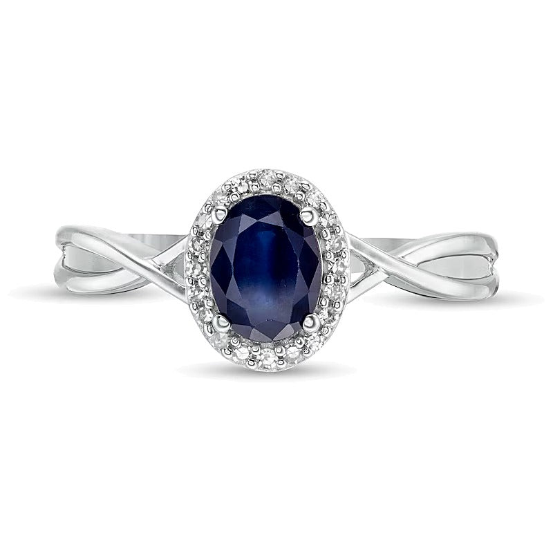 Oval Blue Sapphire and 0.07 CT. TW Diamond Frame Twist Shank Ring in 10K White Gold