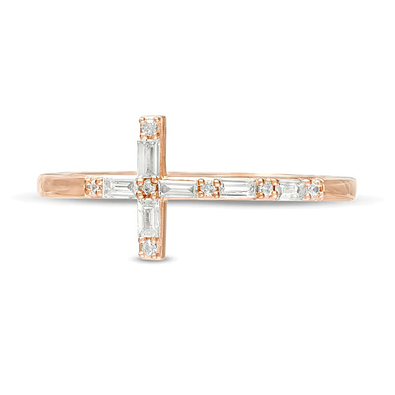 0.17 CT. TW Baguette and Round Diamond Sideways Cross Ring in 10K Rose Gold