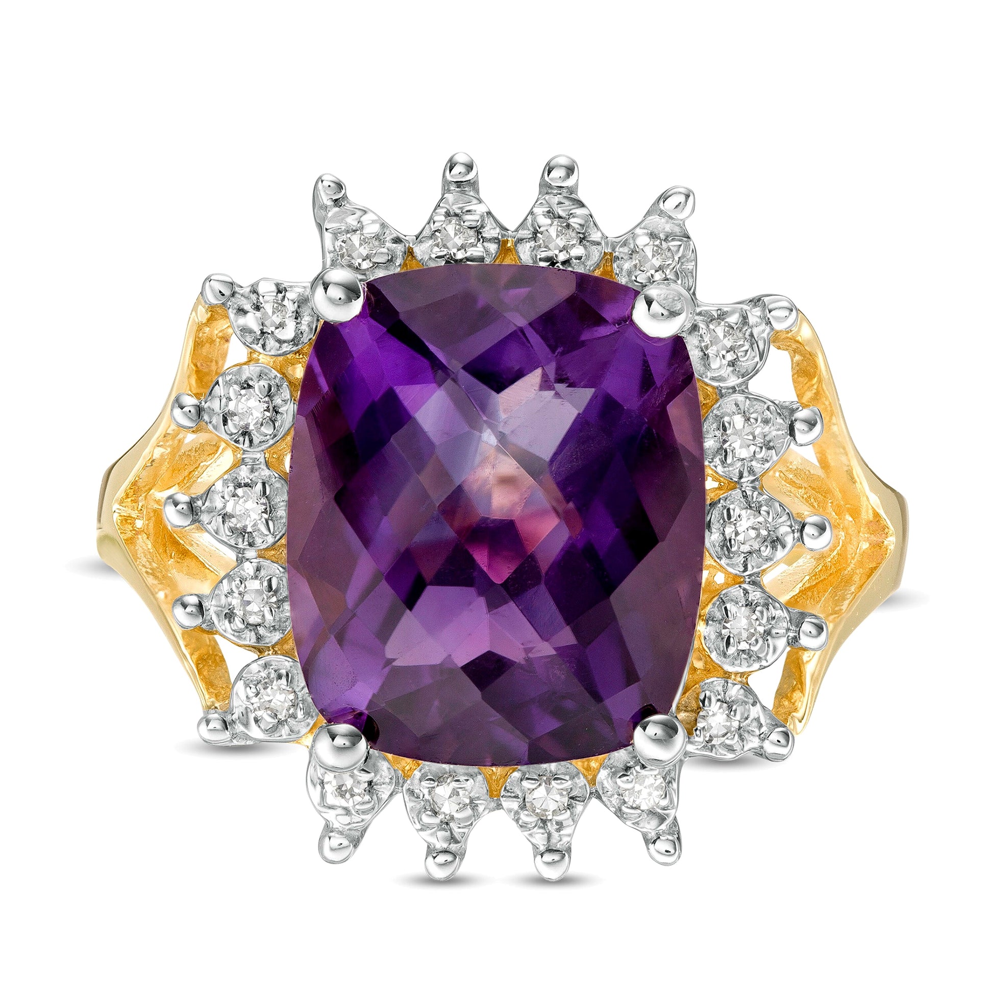 Cushion-Shaped Amethyst and 0.1 CT. TW Diamond Starburst Frame Ring in 10K Gold