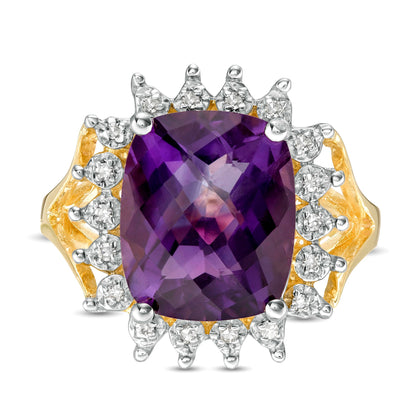 Cushion-Shaped Amethyst and 0.1 CT. TW Diamond Starburst Frame Ring in 10K Gold