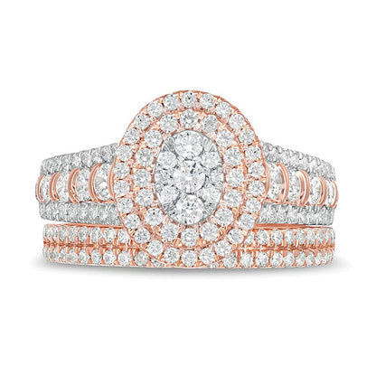 1.5 CT. TW Composite Diamond Double Oval Frame Multi-Row Bridal Set in 10K Rose Gold