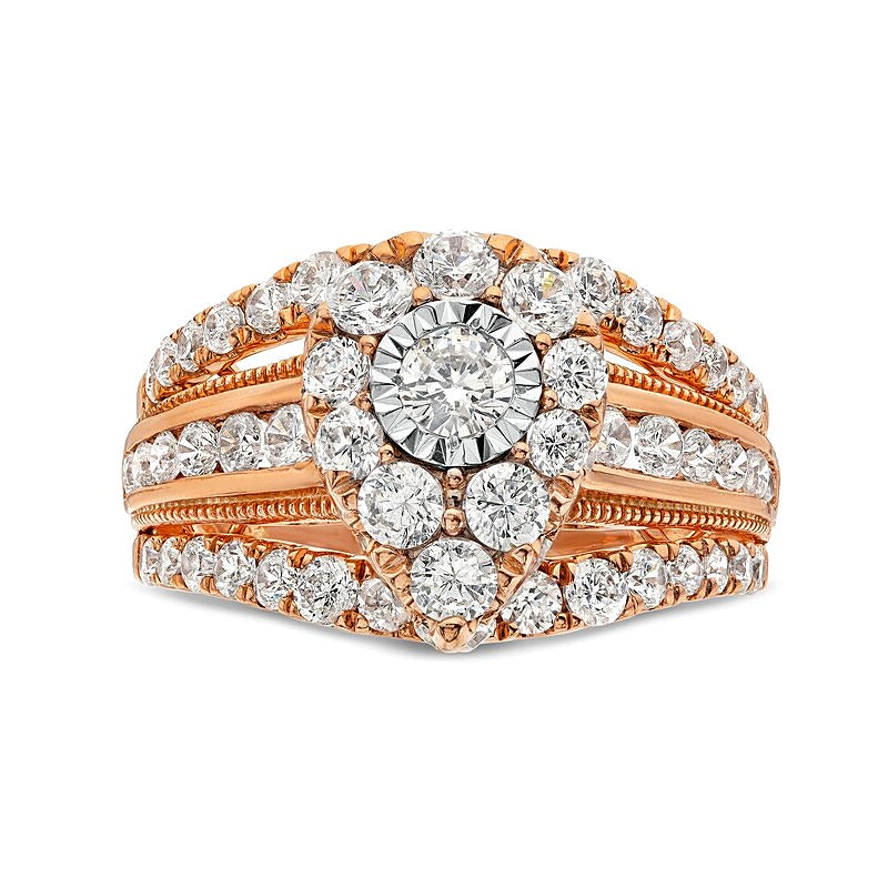 2.0 CT. TW Pear Multi-Diamond Vintage-Style Multi-Row Shank Engagement Ring in 10K Rose Gold