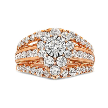 2.0 CT. TW Pear Multi-Diamond Vintage-Style Multi-Row Shank Engagement Ring in 10K Rose Gold
