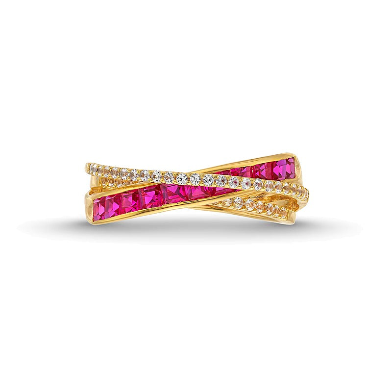Princess-Cut Lab-Created Ruby and 0.2 CT. TW Diamond Criss-Cross Ring in 10K Gold