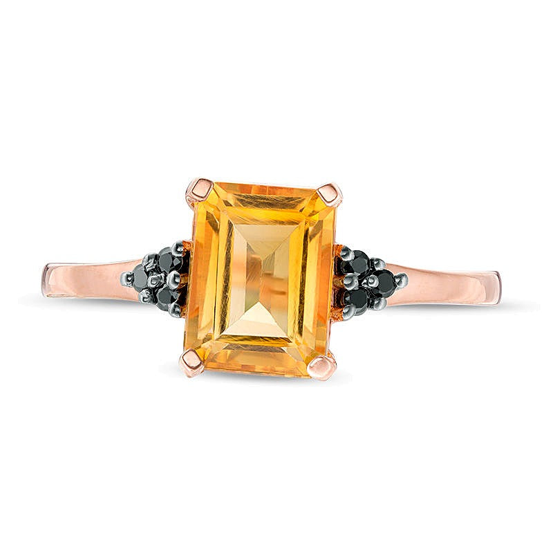 Emerald-Cut Citrine and 0.05 CT. TW Black Diamond Tri-Sides Promise Ring in 10K Rose Gold
