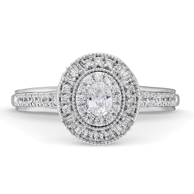 0.38 CT. TW Oval Diamond Double Frame Vintage-Style Engagement Ring in Sterling Silver