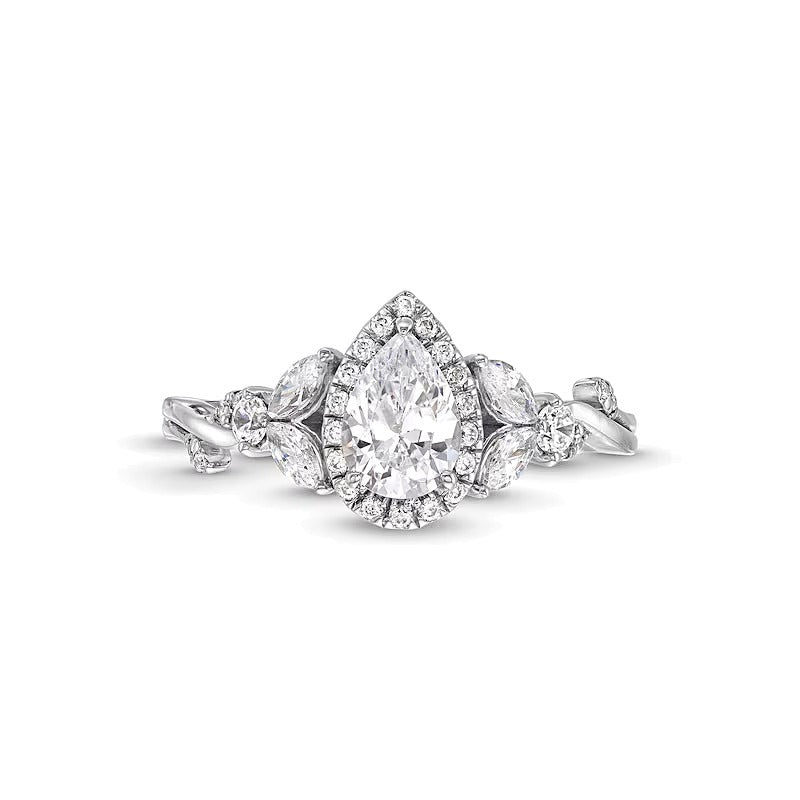 1.0 CT. TW Pear-Shaped Diamond Frame Leaf-Sides Engagement Ring in 14K White Gold