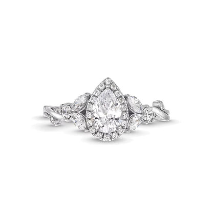 1.0 CT. TW Pear-Shaped Diamond Frame Leaf-Sides Engagement Ring in 14K White Gold