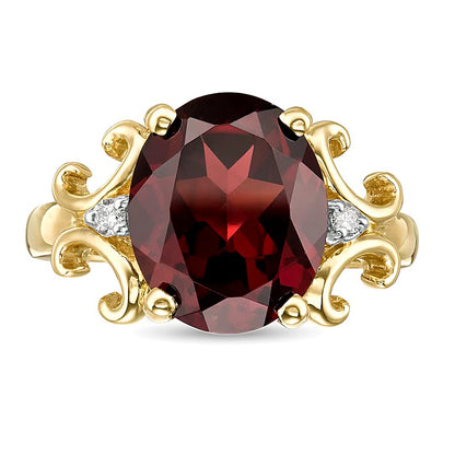 Oval Garnet and 0.05 CT. TW Diamond Scroll Frame Ring in 10K Gold