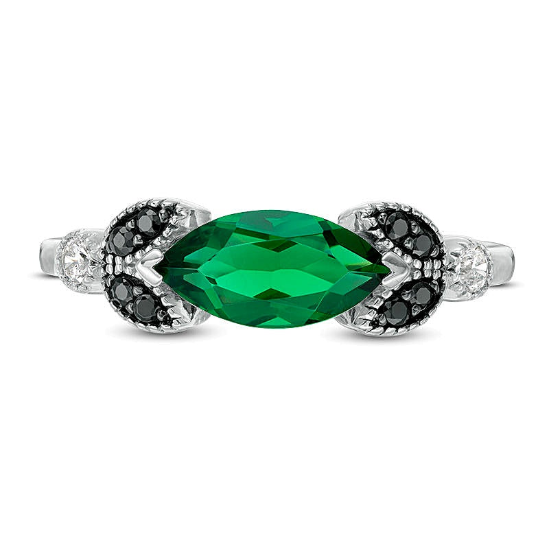 Sideways Marquise Lab-Created Emerald and 0.1 CT. TW Enhanced Black and White Diamond Leaves Ring in 10K White Gold