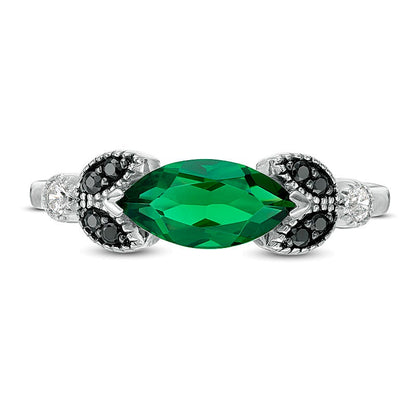 Sideways Marquise Lab-Created Emerald and 0.1 CT. TW Enhanced Black and White Diamond Leaves Ring in 10K White Gold