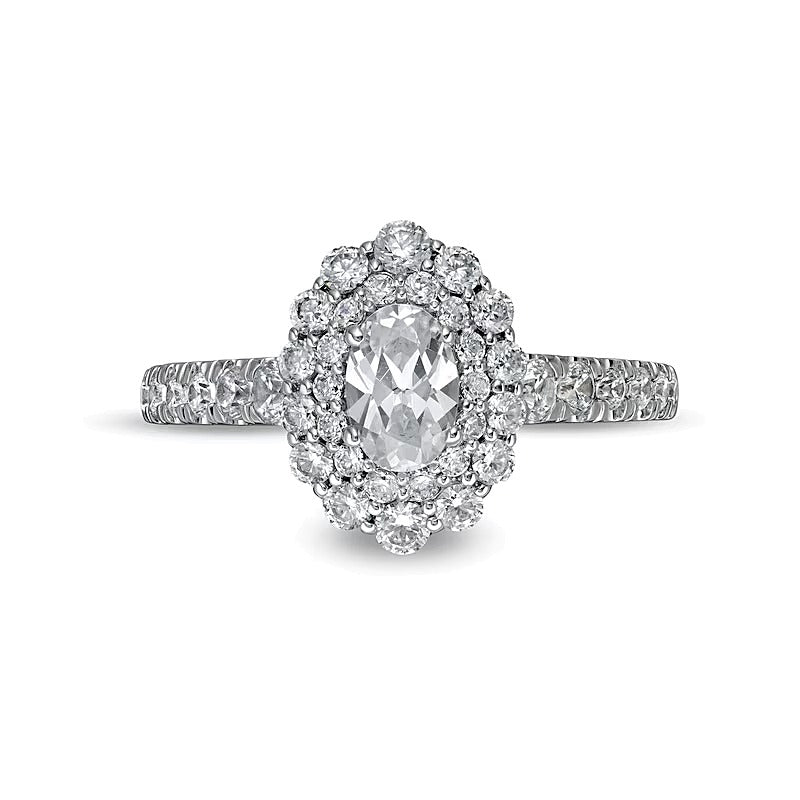 1.5 CT. TW Oval Diamond Double Scallop Frame Engagement Ring in 14K White Gold (I/SI2)