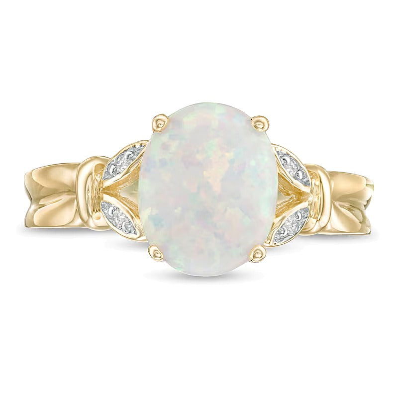Oval Lab-Created Opal and Diamond Accent Leaf Split Shank Ring in 10K Gold