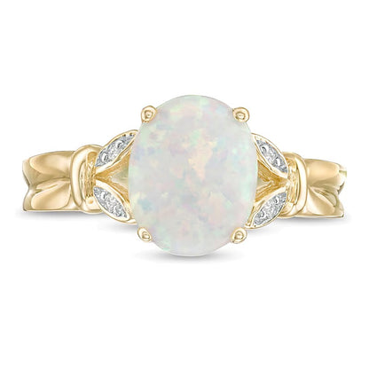 Oval Lab-Created Opal and Diamond Accent Leaf Split Shank Ring in 10K Gold