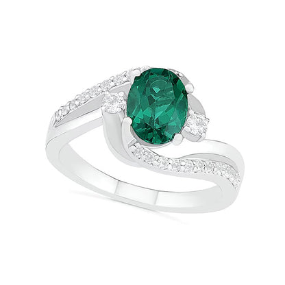 Oval Lab-Created Emerald and White Sapphire Side Accent Double Bypass Split Shank Bridal Set in Sterling Silver