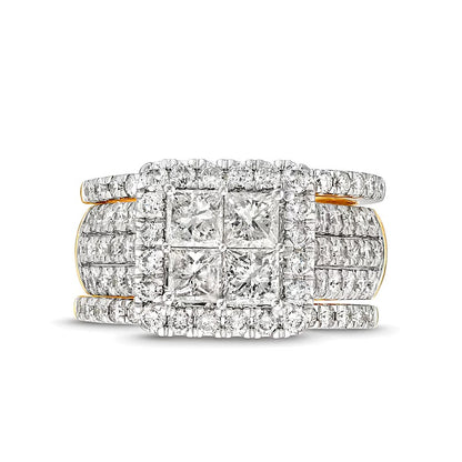 3.0 CT. TW Quad Princess-Cut Diamond Frame Multi-Row Three Piece Bridal Set in 14K Gold