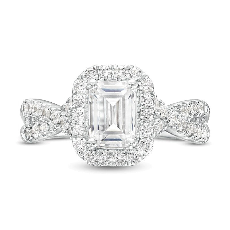 1.5 CT. TW Emerald-Cut Lab-Grown Diamond Frame Twist Shank Engagement Ring in 14K White Gold (F/VS2)