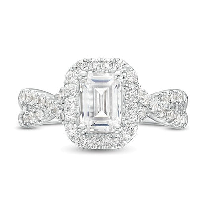1.5 CT. TW Emerald-Cut Lab-Grown Diamond Frame Twist Shank Engagement Ring in 14K White Gold (F/VS2)