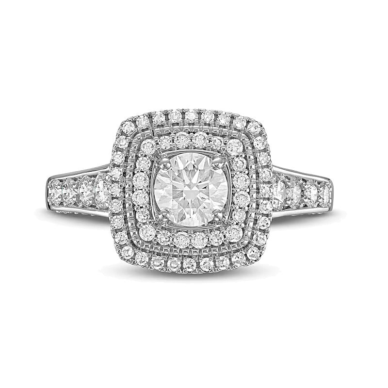 1.25 CT. TW Diamond Cushion-Shaped Double Frame Edge Accent Tapered Shank Engagement Ring in 14K White Gold (I/I1)