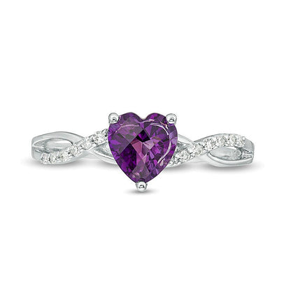 6.0mm Heart-Shaped Amethyst and 0.05 CT. TW Diamond Twist Shank Ring in 10K White Gold