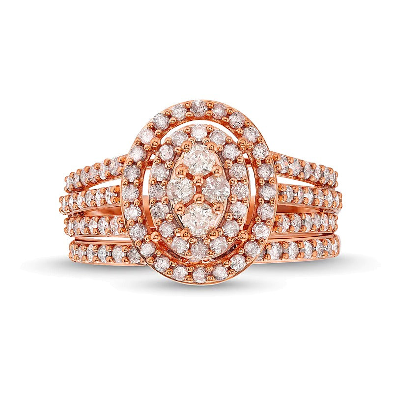 1.0 CT. TW Oval Multi-Diamond Triple Row Split Shank Bridal Set in 10K Rose Gold