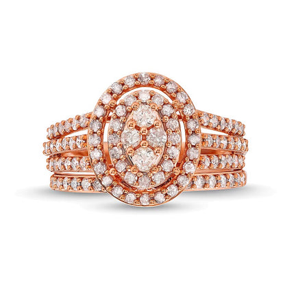 1.0 CT. TW Oval Multi-Diamond Triple Row Split Shank Bridal Set in 10K Rose Gold