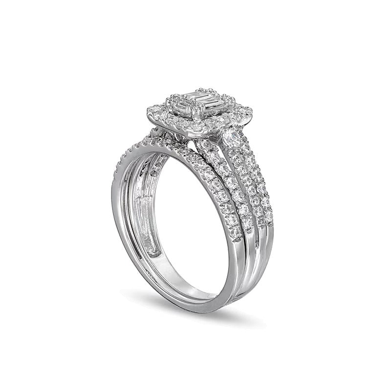 1.0 CT. TW Emerald-Shaped Multi-Diamond Frame Multi-Row Bridal Set in 10K White Gold