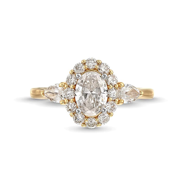 1.75 CT. TW Oval Diamond Frame Leaf-Sides Engagement Ring in 14K Gold
