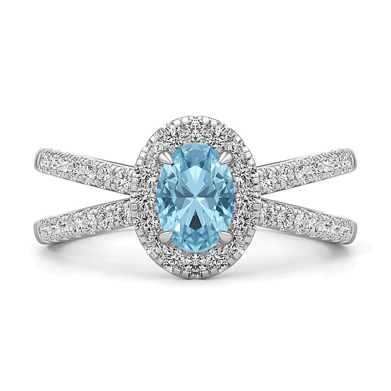 Oval Aquamarine and 0.33 CT. TW Lab-Grown Diamond Frame Orbit Split Shank Ring in 14K White Gold