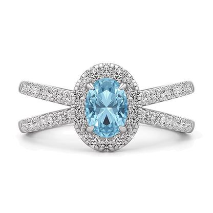 Oval Aquamarine and 0.33 CT. TW Lab-Grown Diamond Frame Orbit Split Shank Ring in 14K White Gold