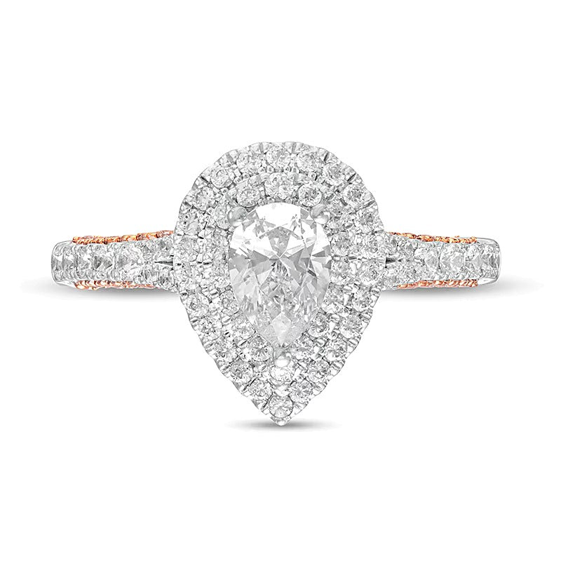 1.38 CT. TW Pear-Shaped Diamond Double Frame Vintage-Style Engagement Ring in 14K Two-Tone Gold