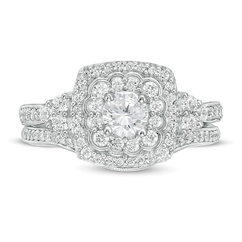 1.0 CT. TW Diamond Cushion Frame Tri-Sides Vintage-Style Bridal Set in 10K White Gold