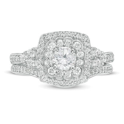1.0 CT. TW Diamond Cushion Frame Tri-Sides Vintage-Style Bridal Set in 10K White Gold
