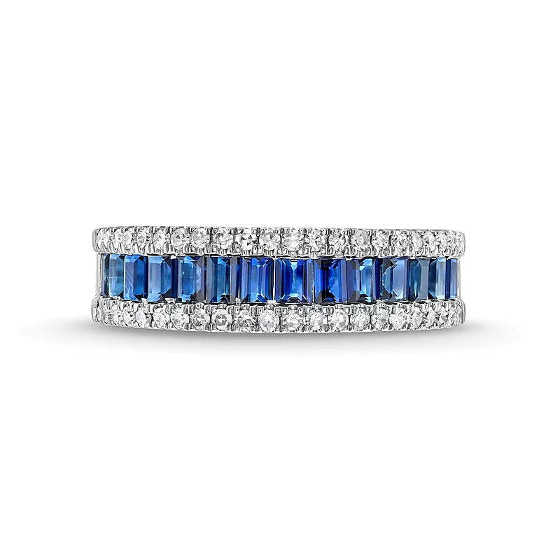 Baguette-Cut Blue Sapphire and 0.33 CT. TW Diamond Edge Band in 14K White Gold
