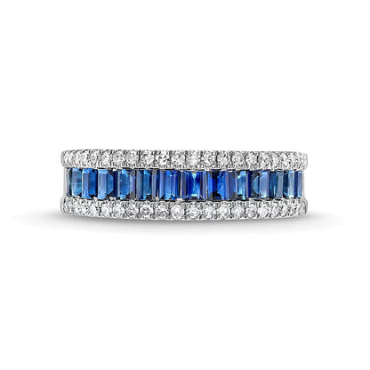 Baguette-Cut Blue Sapphire and 0.33 CT. TW Diamond Edge Band in 14K White Gold