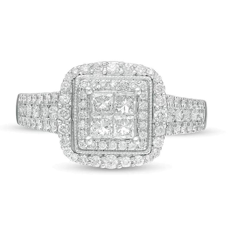 1.0 CT. TW Princess-Cut Quad Diamond Square Frame Engagement Ring in 14K White Gold