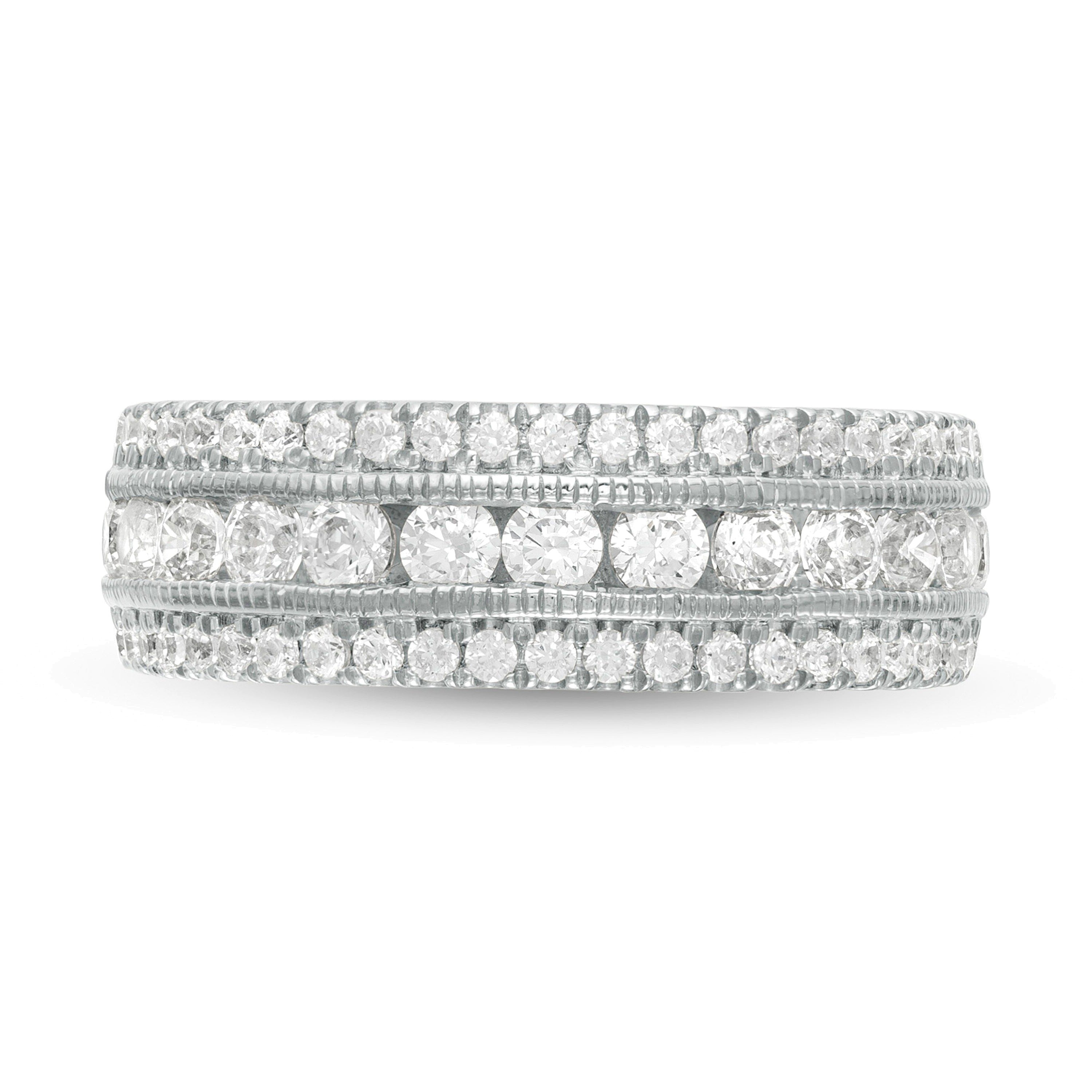 1.33 CT. TW Diamond Triple Row Vintage-Style Anniversary Ring in 10K White Gold